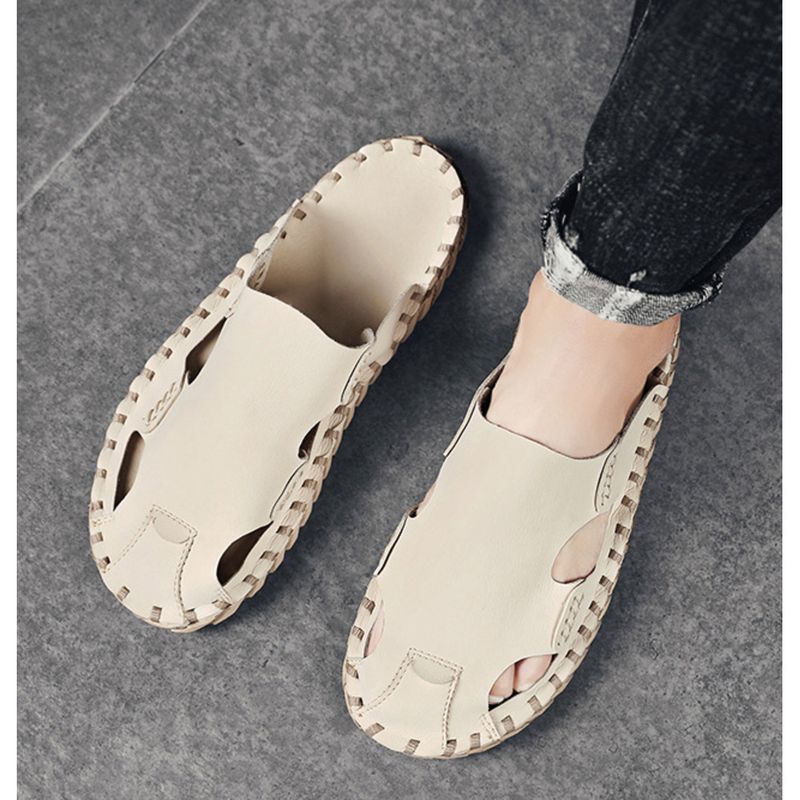 Baotou Herren Sommer Strandsandalen Leder rutschfeste Slipper Fauler Mann ohne Absatz Halbschuhe_voghion.com
