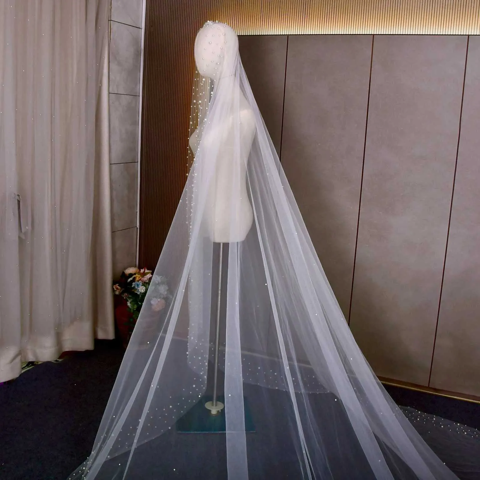 Gioielli per capelli V145 Velo da cattedrale extra lungo 3M Perle larghe Veli da sposa in rilievo con pettine Accessori da sposa Bianco Avorio_voghion.com