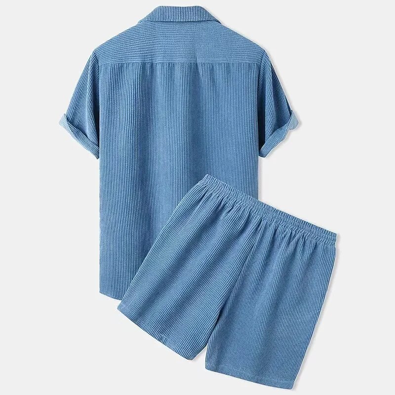 Spring Summer New Solid Men Corduroy Suit Short-sleeve Button Shirts And Shorts Two Piece Sets Casual Outfits Streetwear_voghion.com