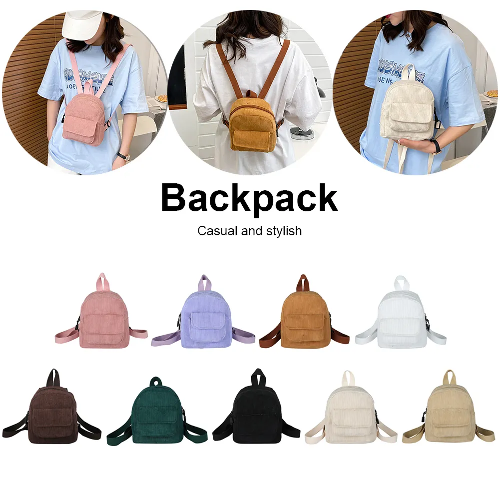 Fashion Women Mini Backpack Corduroy Solid Small Backpacks Simple Retro Casual Student Girls Bookbags Travel Pack_voghion.com