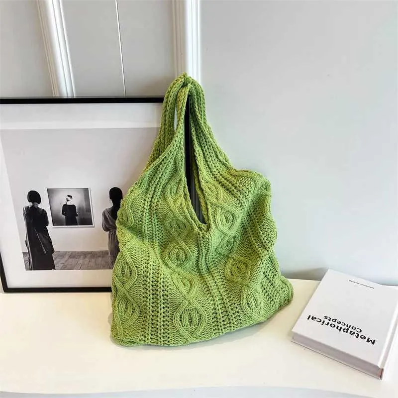 New Vintage Wool Knitted Hand Woven Shoulder Bag For Women Casual Shopping Handbag Large Capacity Female hetC241105_voghion.com