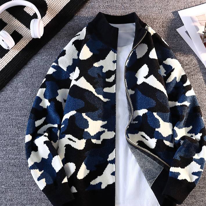 ​​Herren-Strickjacke mit Reißverschluss – Camouflage-Print mit Stehkragen und gerippter Struktur (Grau/Grün/Blau, M-4XL)​​_voghion.com
