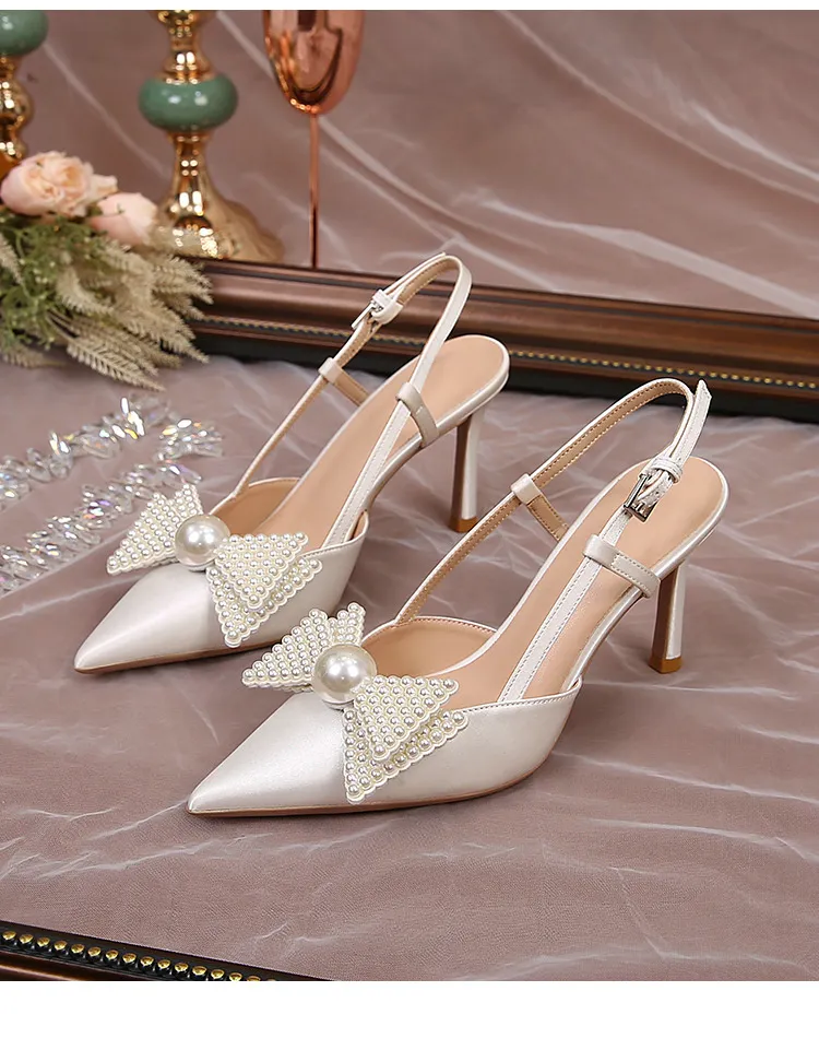Hochzeit Französisch Frauen 2024 Neue Weiße Brautjungfer Schuhe Bogen High Heels Eleganz Sandalen E336_voghion.com
