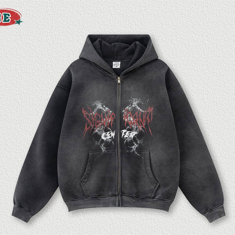 Felpa con cappuccio e zip in stile Gothic Revival, in pile di cotone effetto consumato con silhouette a spalle scese (nero/grigio cenere/lavaggio oversize)_voghion.com