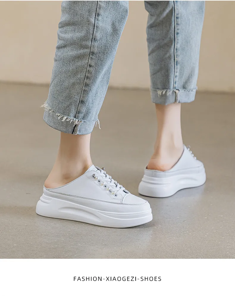 Genuine Leather Thick Soled Round Toe Half Slippers Heelless Lazy Casual And Fashionable Women Small White Shoes_voghion.com