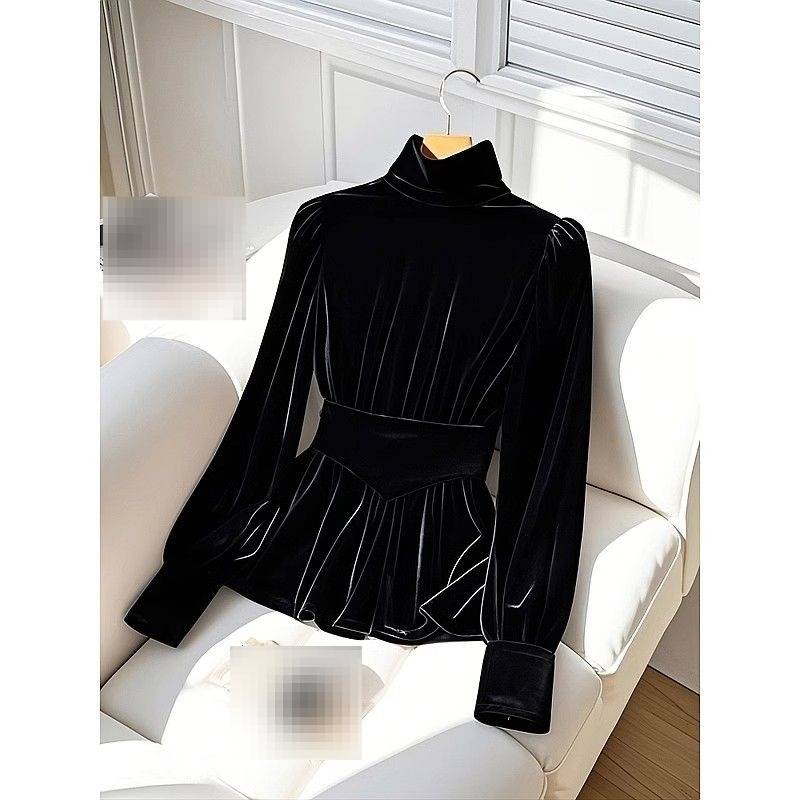 Camicia donna in velluto a maniche lunghe elegante nera ufficio_voghion.com