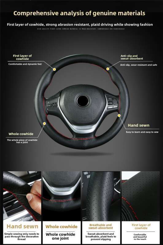 Head Layer Cowhide Hand Sewn Steering Wheel Cover For Buses, All-season General Vehicles, Genuine Leather Handle Covers_voghion.com