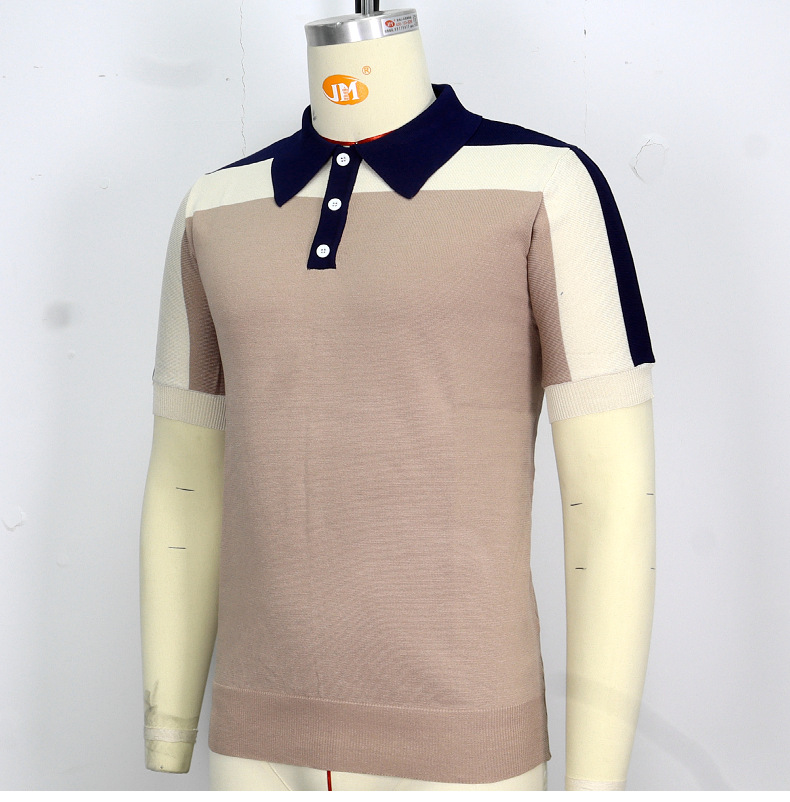Nuova camicia da uomo in maglia patchwork con maniche corte, colore a contrasto, polo aderente, da uomo SY0046_voghion.com
