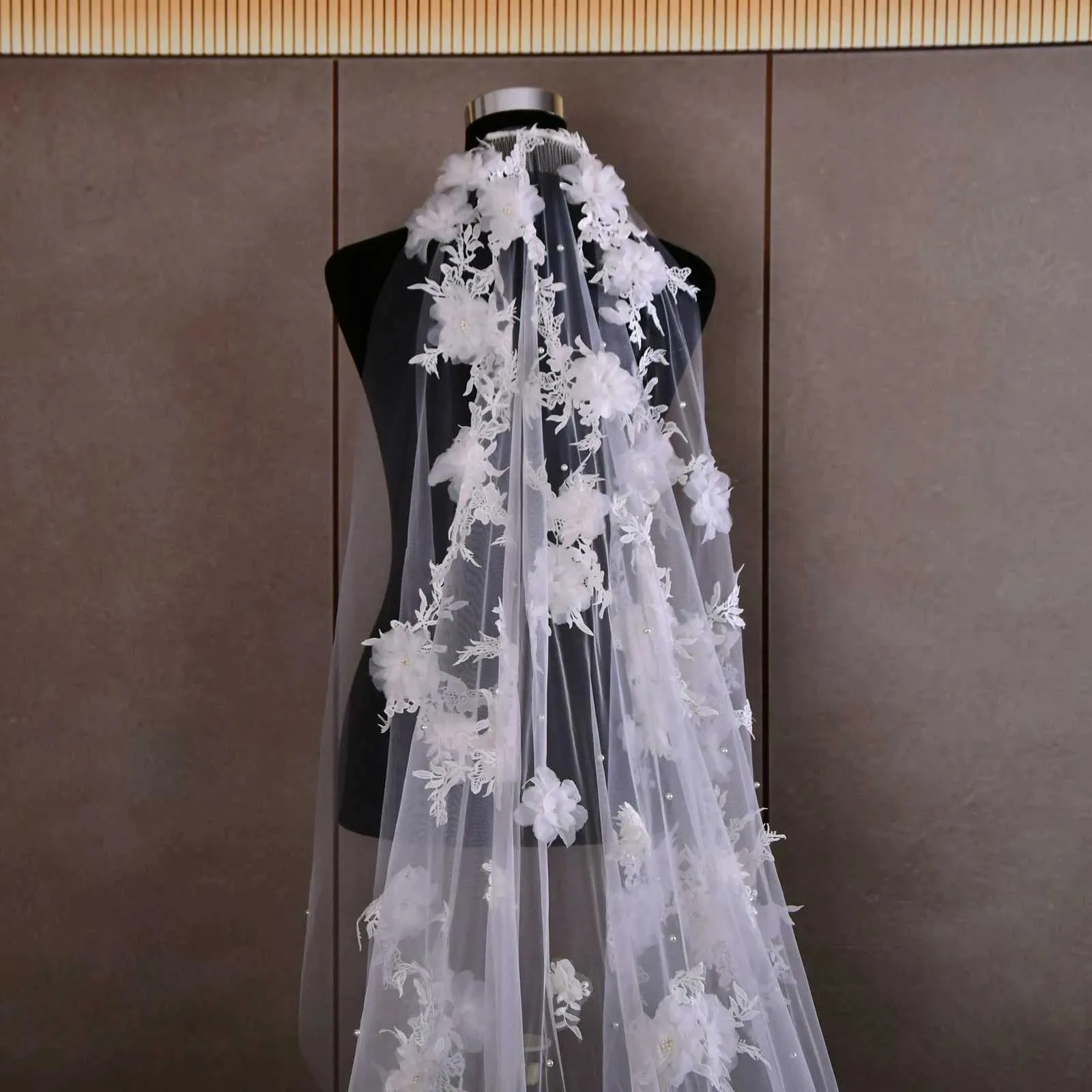 Hair Jewelry Super Pearls Beaded Wedding Veil 3D Flowers Long Cathedral Soft Bridal Illusion With Comb Bride Accessories_voghion.com