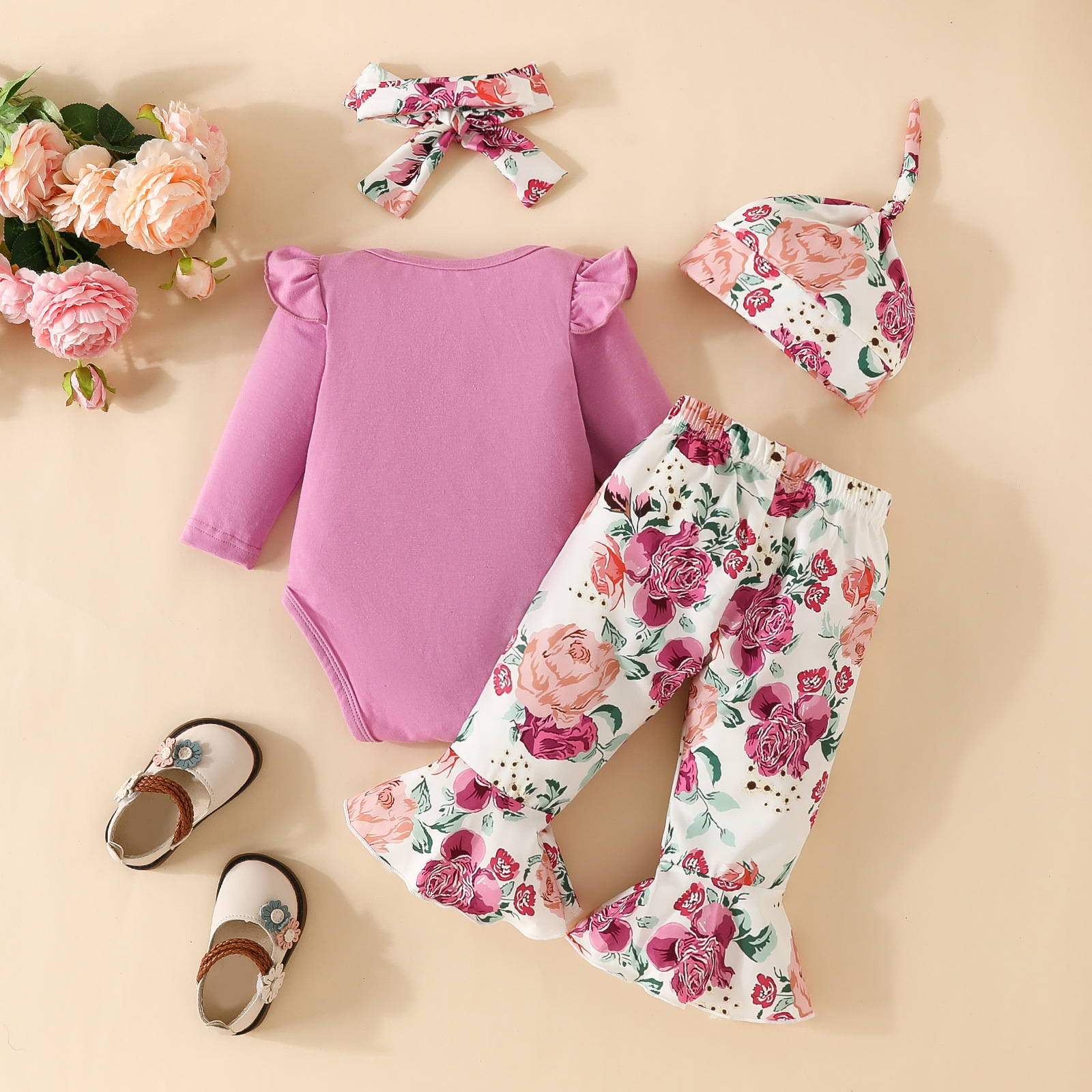 Mother & Kids Baby long-sleeved trousers four-piece set Newborn long-sleeved triangle romper flower bow flared trousers hat headband_voghion.com