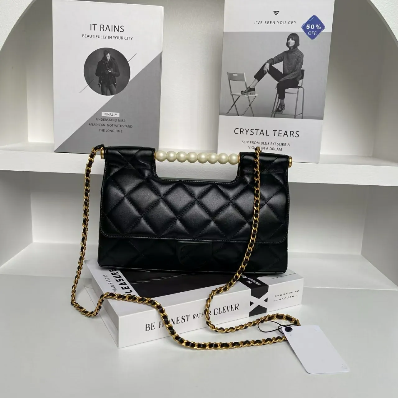 Top Designer Handtaschen mit Perlengriff, echtes Dia-Muster, weiches Leder, Clutch, goldfarbene Hardware, Hasp-Kette, Umhängetaschen_voghion.com