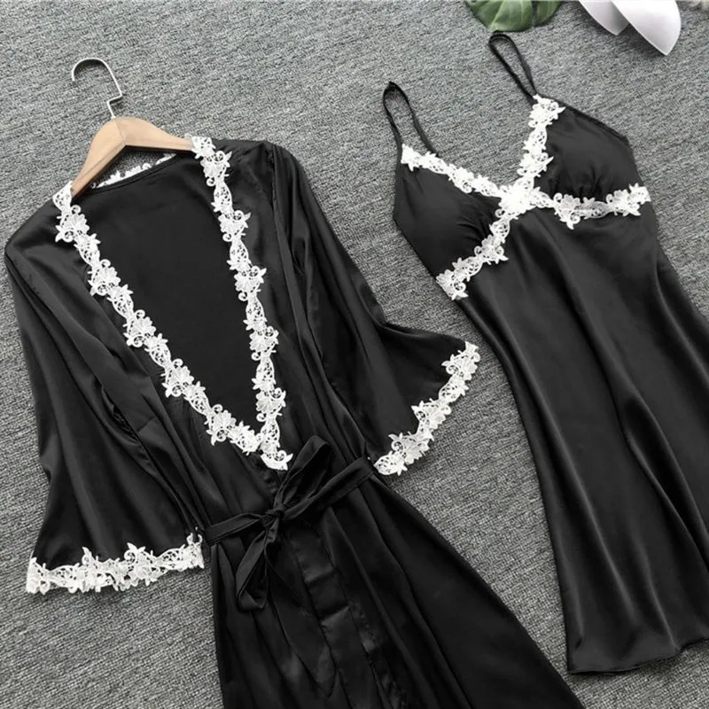 Ensemble de pyjama d'été en soie 5 pièces pour femmes, grande taille, avec bordure en dentelle florale au crochet, vêtements de nuit, couleur unie, nuisette_voghion.com