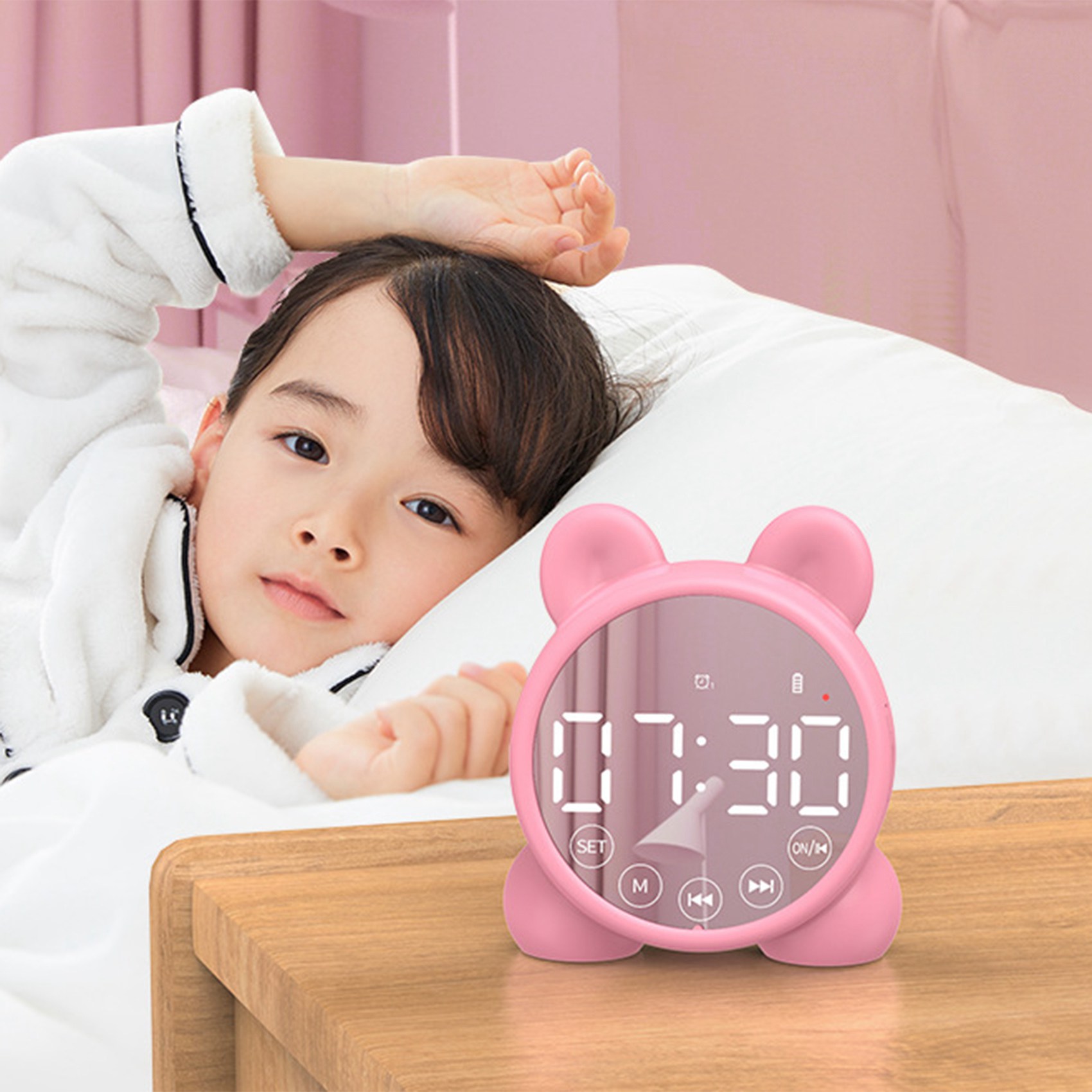 Dětský budík s Bluetooth reproduktorem, noční budík, zrcadlový digitální budík, dětský trenažér spánku růžový_voghion.com