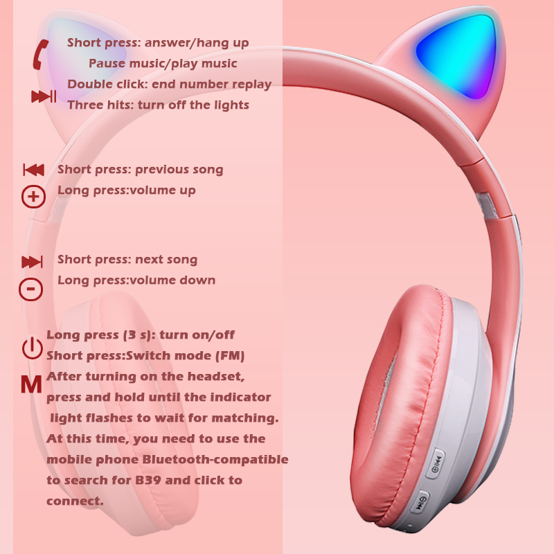 Cuffie wireless con orecchie di gatto rosa carine, cuffie stereo pieghevoli compatibili con Bluetooth, con microfono, regalo per bambini e bambine_voghion.com