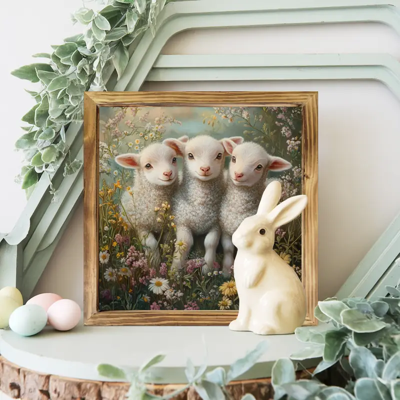Panneau en bois vintage 8 x 8 pouces avec agneaux et fleurs – Décoration murale rustique encadrée pour cuisine, chambre, bureau – Cadeau idéal pour Pâques ou une pendaison de crémaillère_voghion.com