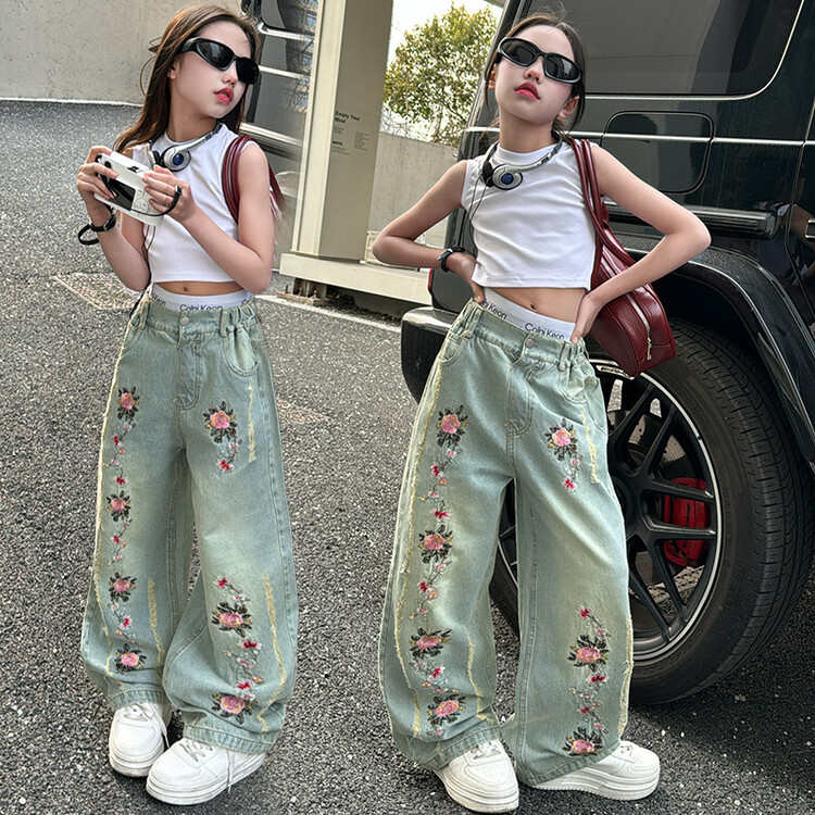 Blugi brodați pentru mame și copii, fete, pantaloni largi casual pentru copii mari, pantaloni drepți pentru fete_voghion.com