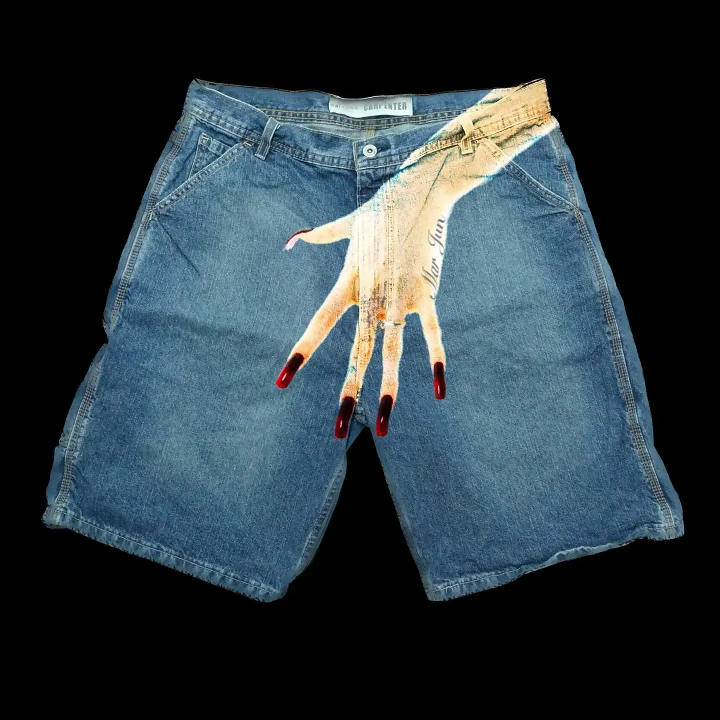 Pantaloncini da palestra da uomo, stile streetwear, Y2K, Haruku, hip hop, con stampa dita, retrò, blu, larghi, in denim, da basket, sopra il ginocchio_voghion.com