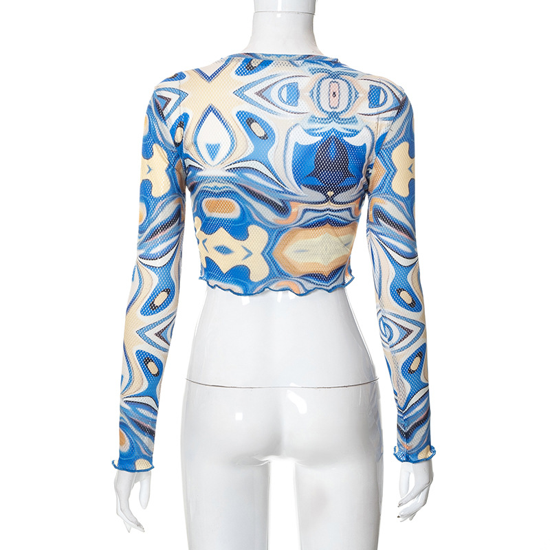 D22TP354 Autunno Nuovo 2024 Girocollo Maglione Manica Lunga Maglia Stampata Ombelico Aperto Top T-shirt Donna_voghion.com