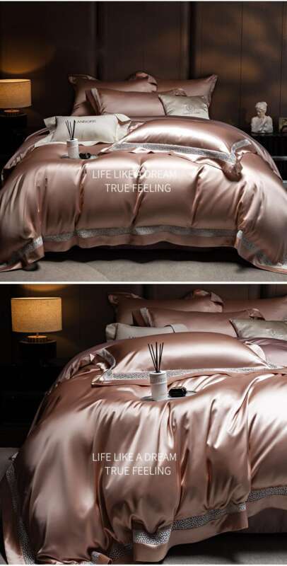 High End Water Gloss Silk Satin Ultra-fine Denier Lyocell Cotton Four Piece Hollow Out Light Luxury Duvet Set Bedding_voghion.com