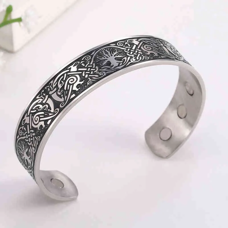 Skyrim Viking Bangle Endlos Love Buttons Tree of Life Birds Edelstol Manschett Magnéitesch Therapie Bracelet Männer Fraen_voghion.com