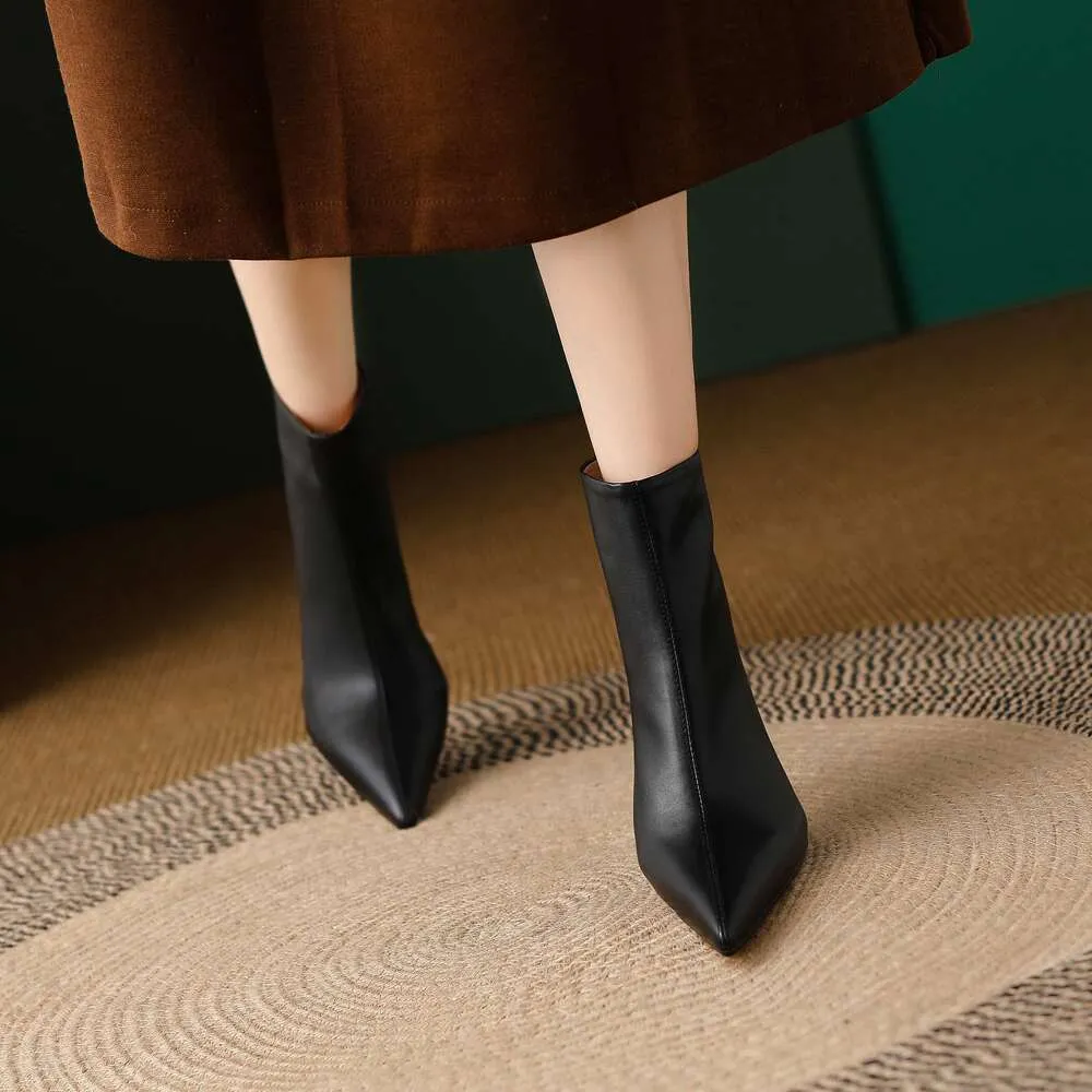 Cow Leather Pointed Toe High Heels Zipper Modern Warm Winter Shoes Concise Fashion Solid Elegant Ankle Boots_voghion.com