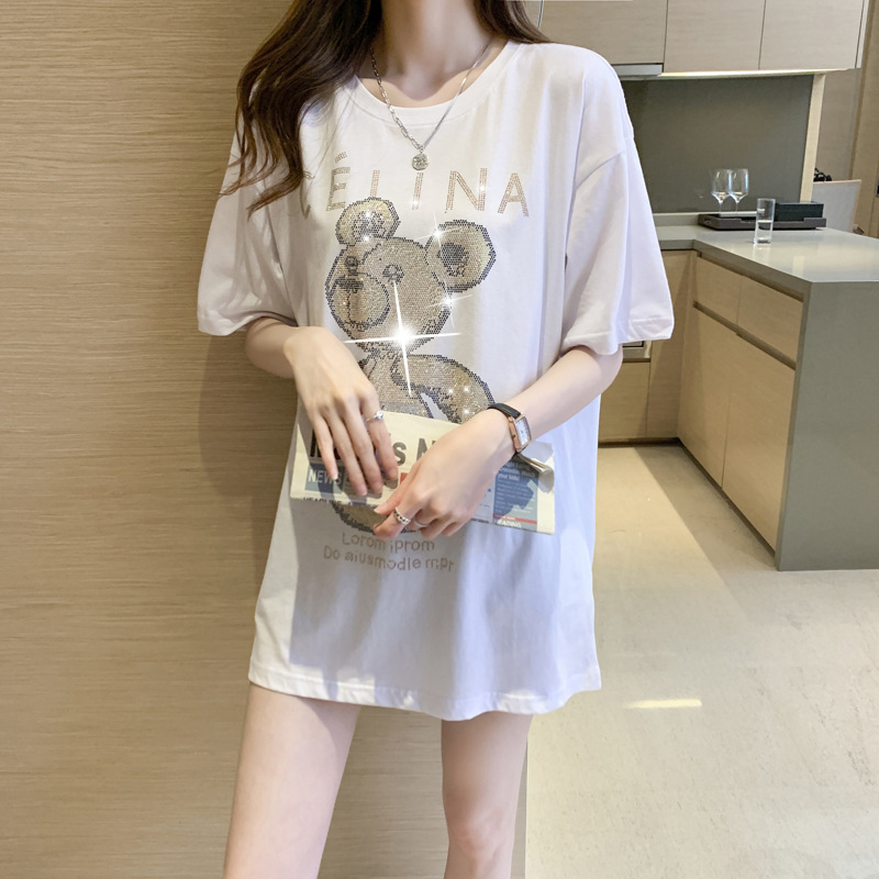 T-shirt estiva a maniche corte nera Bear Hot Diamond da donna in cotone pettinato, versione ampia di media lunghezza_voghion.com