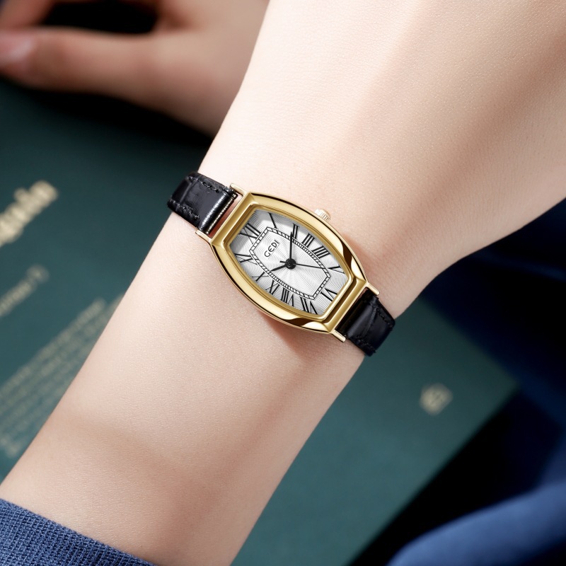 Montre à quartz Gordy New avec boîtier en tonneau et chiffres romains pour femme, accessoire de luxe pour étudiante, bracelet en cuir_voghion.com