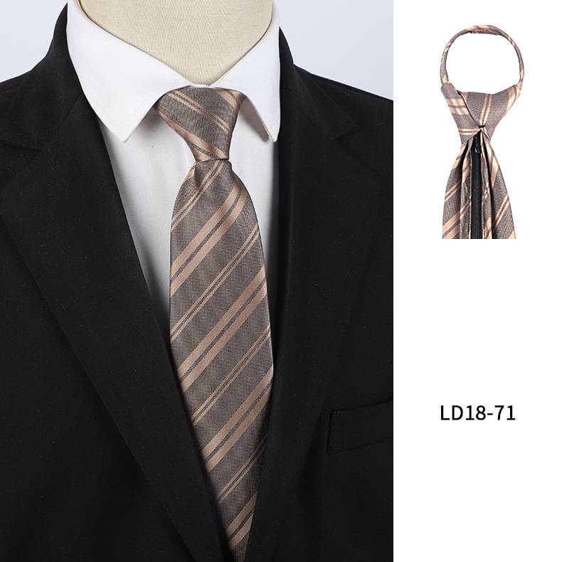 Cravatta sottile da uomo con clip in oro champagne e marrone caffè - Cravatta casual da lavoro senza nodo con cerniera e design a righe retrò_voghion.com