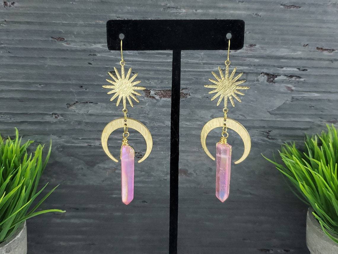 Earrings Pink Quartz Moon Earrings_voghion.com