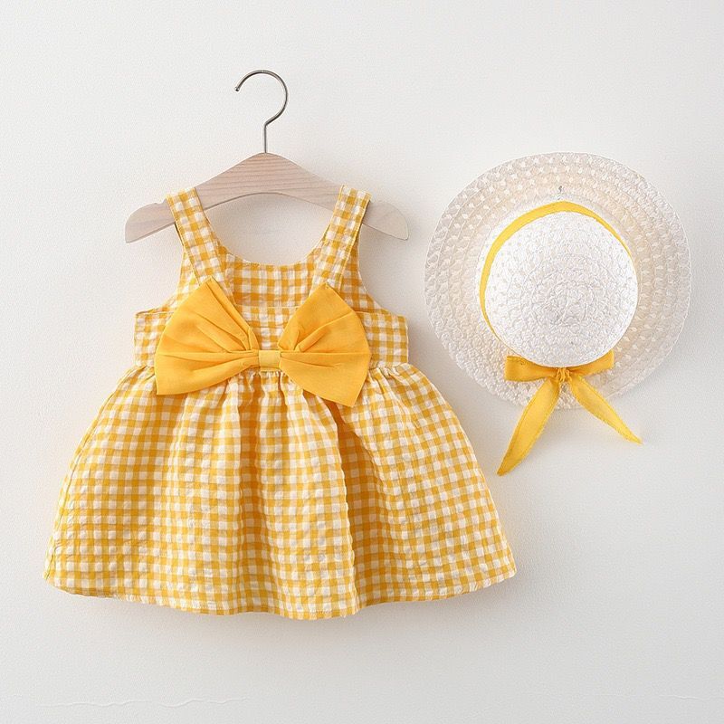 Sweet Baby Girl Tank Dress Fashion Checkered Pattern Dress Sleeveless Bow Dress Send Hat_voghion.com