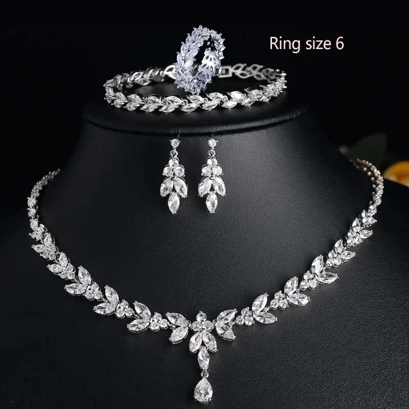 Hochzeitsschmuck-Sets Uilz Exquisites Blatt-Ohrring-Set für Frauen Party-Zubehör Zirkonia-Ohrhänger Halskette_voghion.com