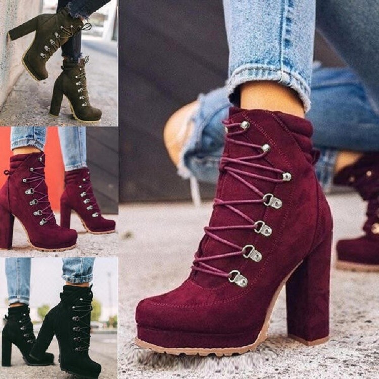 Zapatos de mujer otoño e invierno plataforma impermeable tacón alto cordones remaches botas cortas botas Martin de gamuza