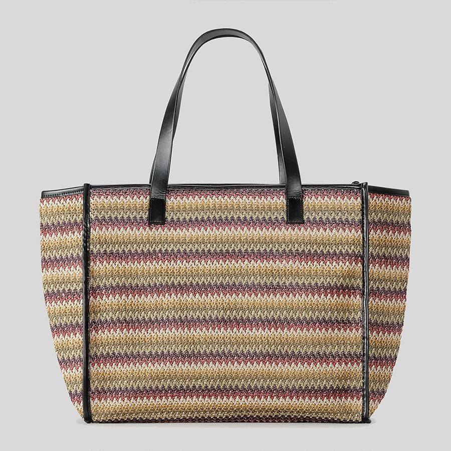 Women's Bags Large Capacity Handmade Woven Straw Bag, Striped, Beach Vacation Style, Fashionable Paper Rope Shoulder Bag For Women._voghion.com