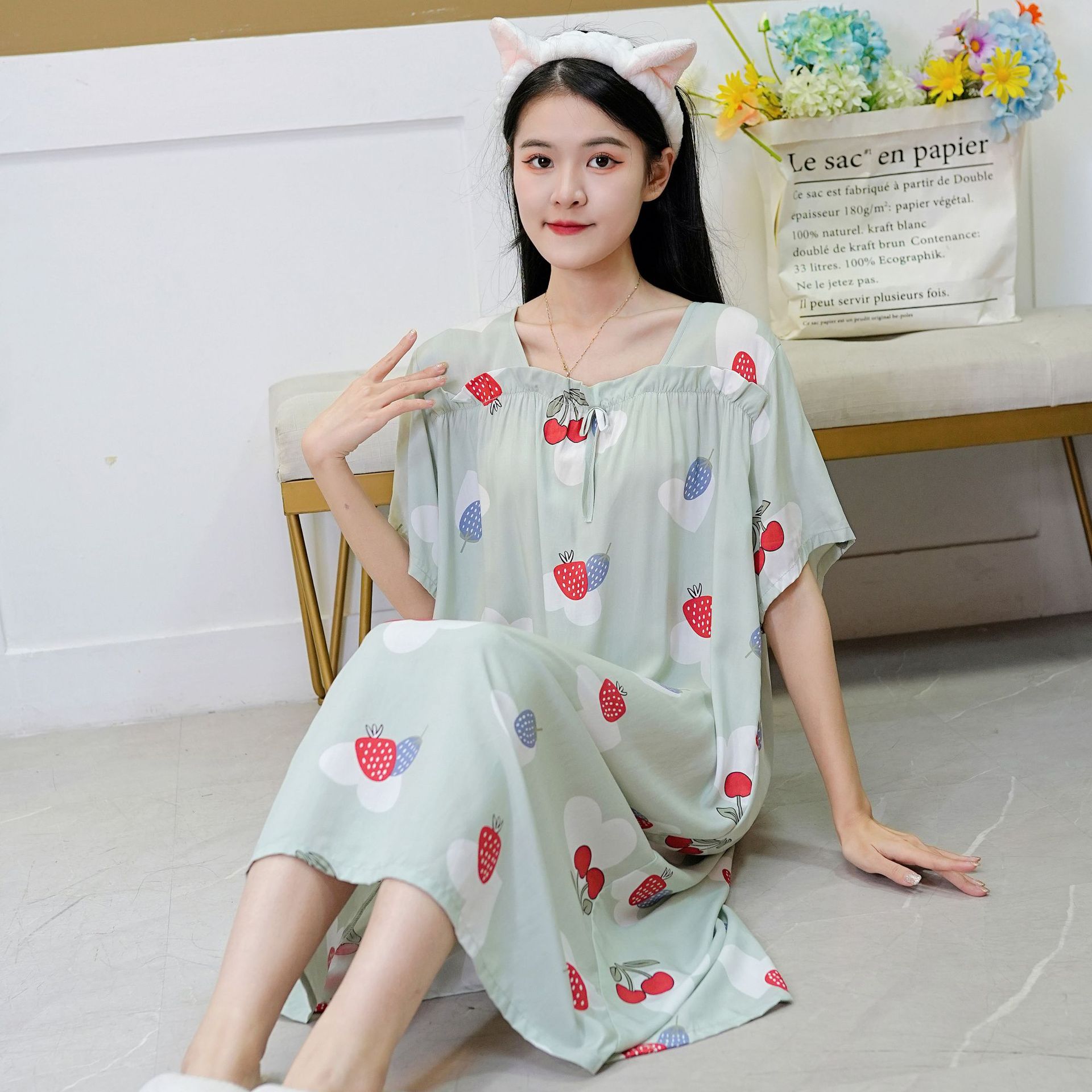Indumenti da notte da donna Camicia da notte in cotone e seta da donna, dolce, carino, sottile, da indossare per la casa, gonna a maniche corte di grandi dimensioni_voghion.com