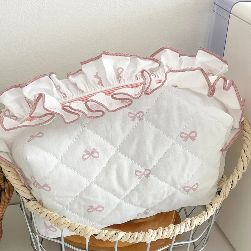 Korea Bow Print Damen Make-up Große Kapazität Tragbare Kosmetiktasche für Reisetoilettenartikel Gekräuselte Kante Kosmetikaufbewahrung_voghion.com