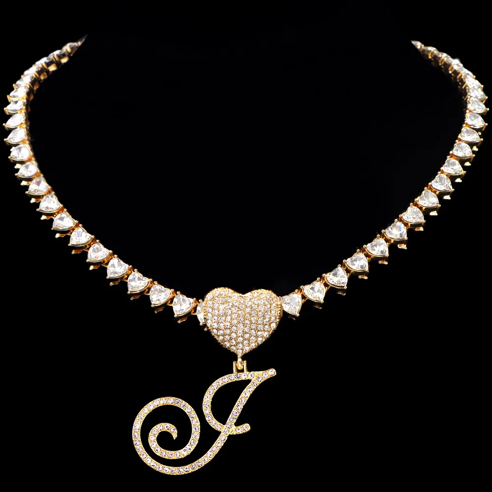Ķēdes Modes Bling Bruģēts A-Z kursīvs Sākotnējais burts Sirds Tenisa kaklarota Sievietēm CZ Crystal Chain Hip Hop Rotaslietas_voghion.com
