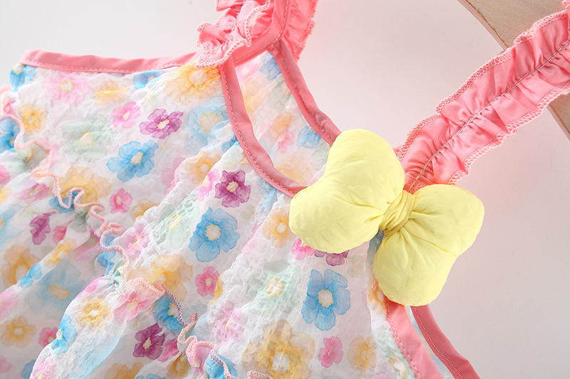 Neues Sommerkleid für Mädchen, rosa, Strand, lässig, bequem, mit Riemen, fragmentiertes Blumenkleid, Fliege, Netz, gefaltetes Strandkleid_voghion.com
