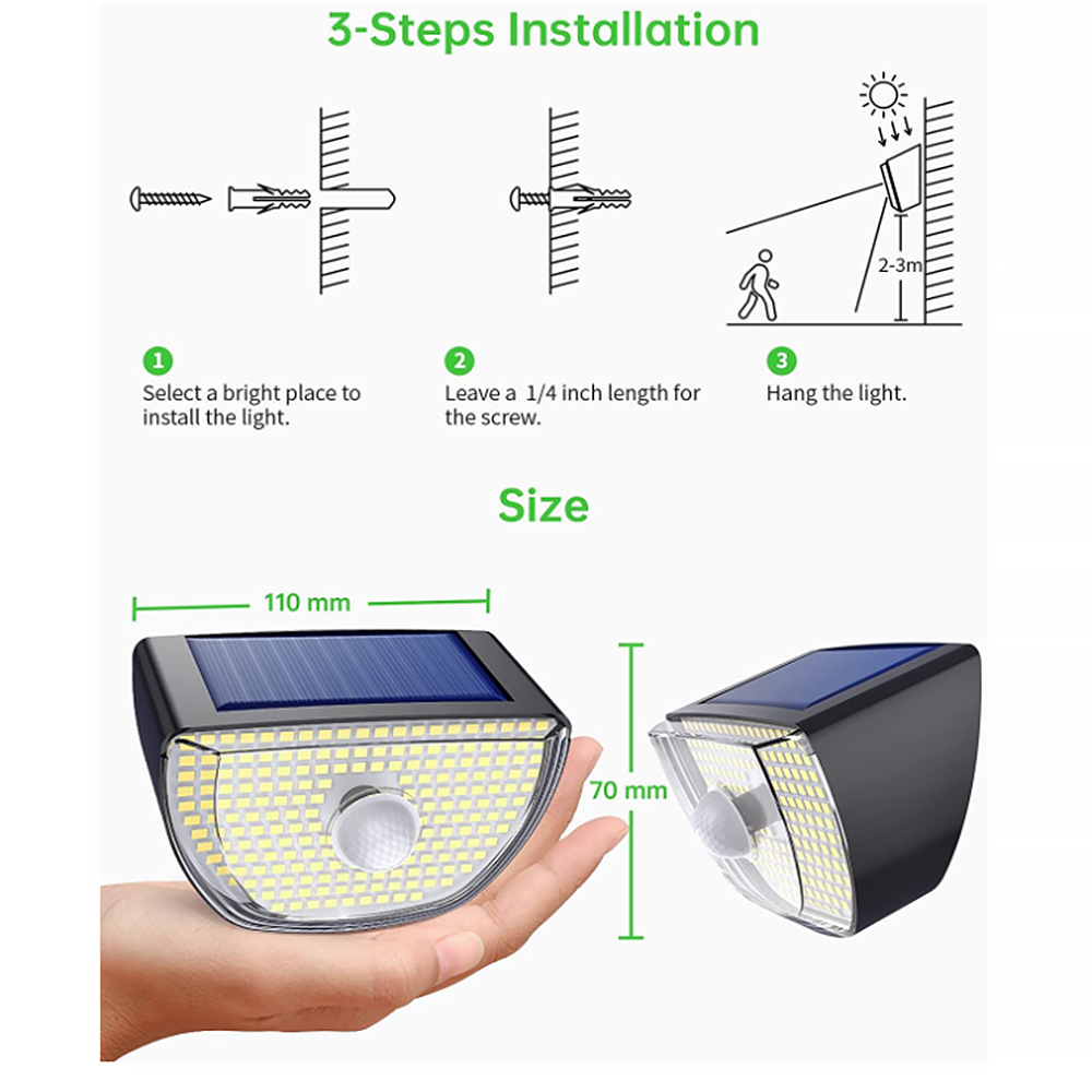 Wysokiej mocy IP65 Wodoodporny Zewnętrzny 3 Tryby Bezprzewodowy Szeroki Kąt 200LED Solar Czujnik Ruchu Światło Do Ogrodowych Dekoracji Bożonarodzeniowych_voghion.com