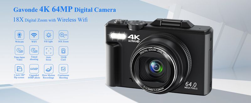 For Photography, WiFi 64MP 4K Vlogging F 3" 180° Flip Screen 18X Digital Zoom Compact Vlog Travel Camera With 32GB TF_voghion.com