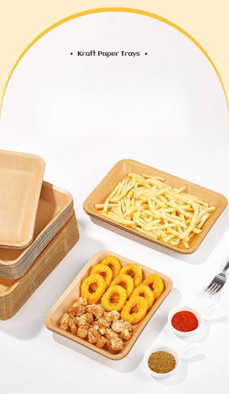 Tăvi dreptunghiulare de unică folosință din hârtie kraft pentru grătar, frigărui, farfurii de hârtie pentru gustări, cutii de ambalare, articole de masă_voghion.com