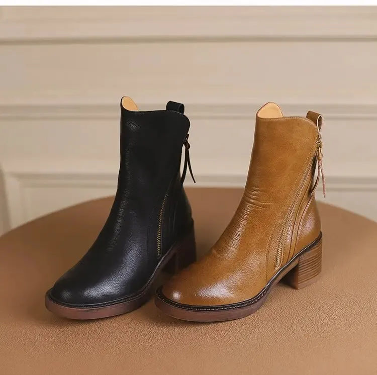Womens high leather short round thick side zipper foot pedal boots 241022_voghion.com