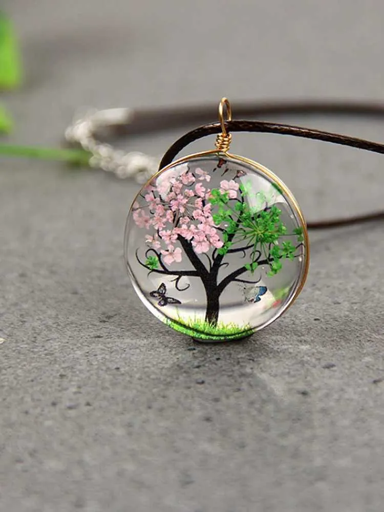 Collane con ciondolo Classico Esemplare Gemma del tempo Ciondolo in vetro Catena per maglione Fiore secco Pianta Vita Corteccia Collana di corda_voghion.com