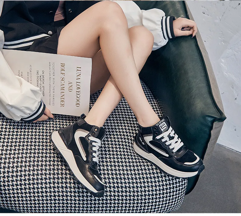 Genuine Leather Sneakers For Women Mixed Color Platform Casual Autumn Winter Warm Plush High Top Sports Shoes_voghion.com