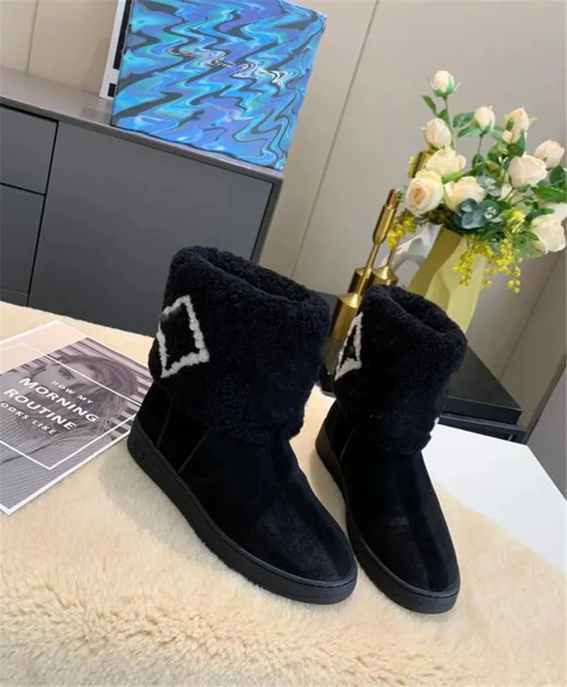 Klassieke Zwarte Dikke Bont Dames Half Dames Sneeuw Outdoor Schoenen Martens Geruite Leren Laarzen 3 Kleuren_voghion.com