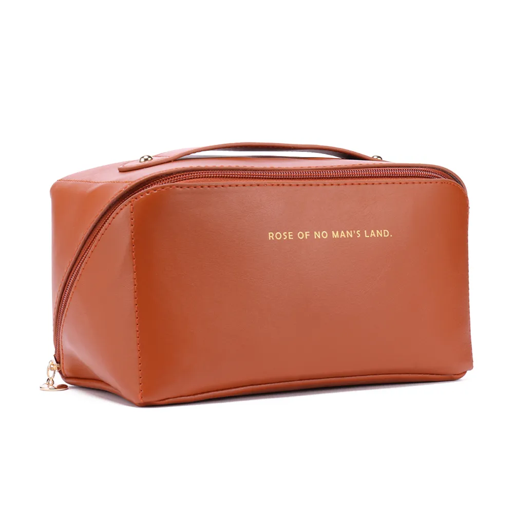 Trousse de maquillage en cuir pour femmes, grande capacité, organiseur de rangement pour pinceaux, idéal pour les voyages._voghion.com