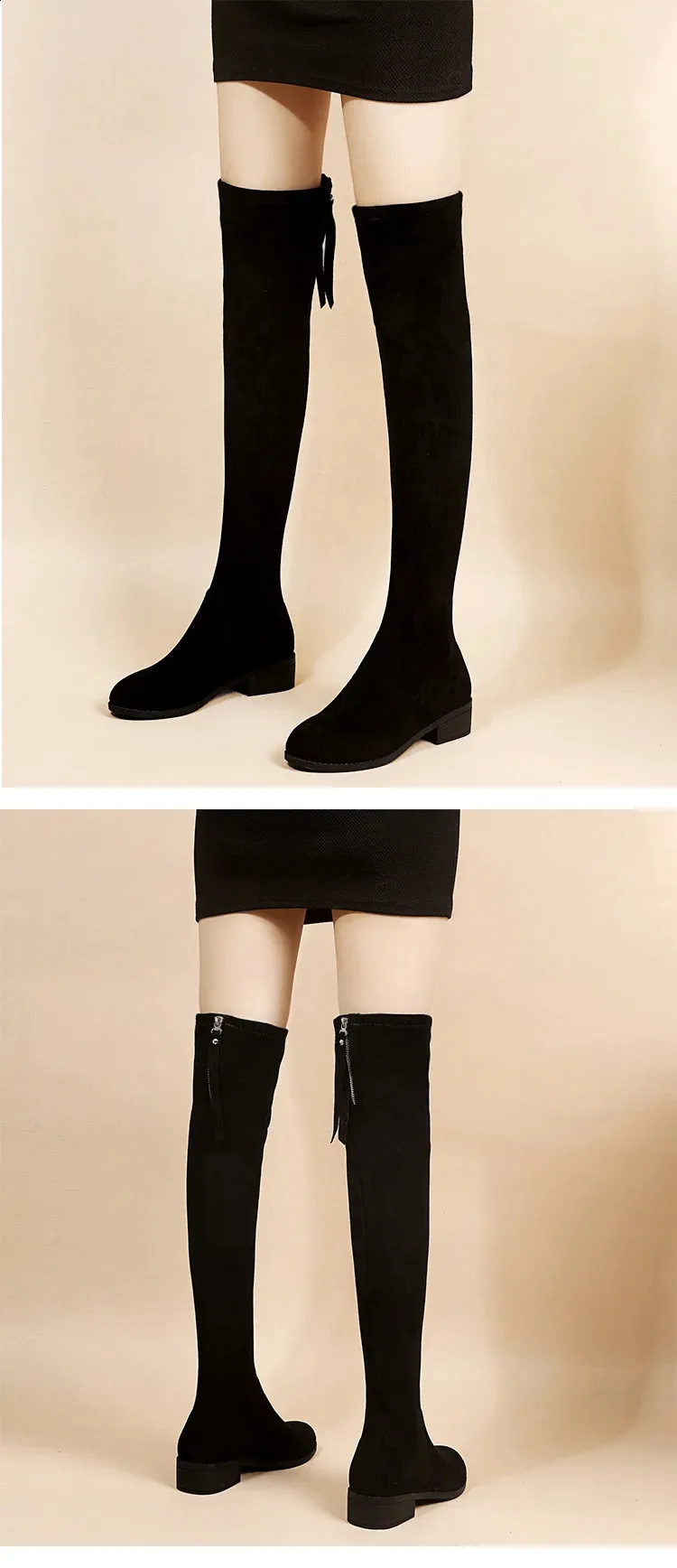 artificial Suede Autumn Zipper Elastic Knee Boots Womens Lace High Heels Black Botas Drone 240911_voghion.com
