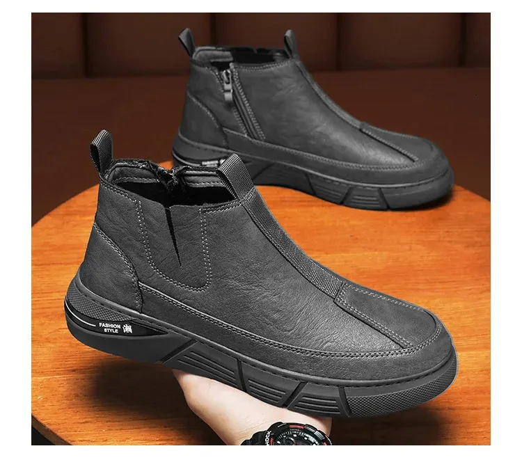 Tendance mode printemps bottes de travail anglaises haut de gamme chaussures décontractées mi-mollet polyvalentes pour hommes matériau PU imperméable 240629_voghion.com