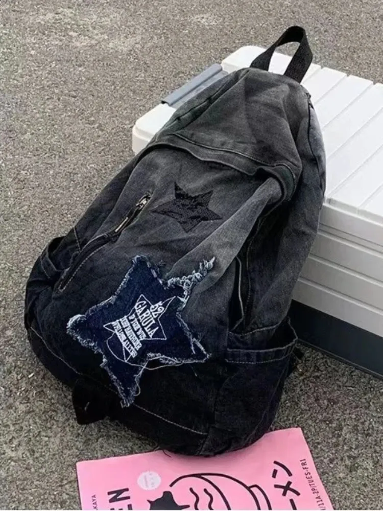 Denim Star Backpack Women Vintage Blue Gradient School Bag Large_voghion.com