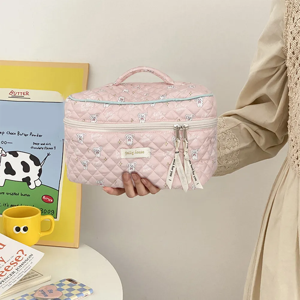 Trousse de toilette coréenne mignonne, portable, zippée, organiseur de voyage, trousse de maquillage matelassée, grande capacité, imprimé floral, pour femmes_voghion.com