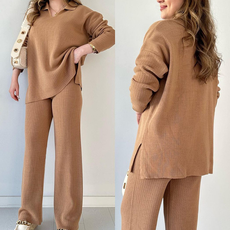 Conjunto de dos piezas de suéter con abertura y dobladillo suelto de color sólido a la moda para mujer